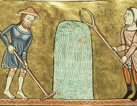 Men mowing and turning grass and making haystacks, c. 1180. Koninklijke Bibliotheek. Public Domain.