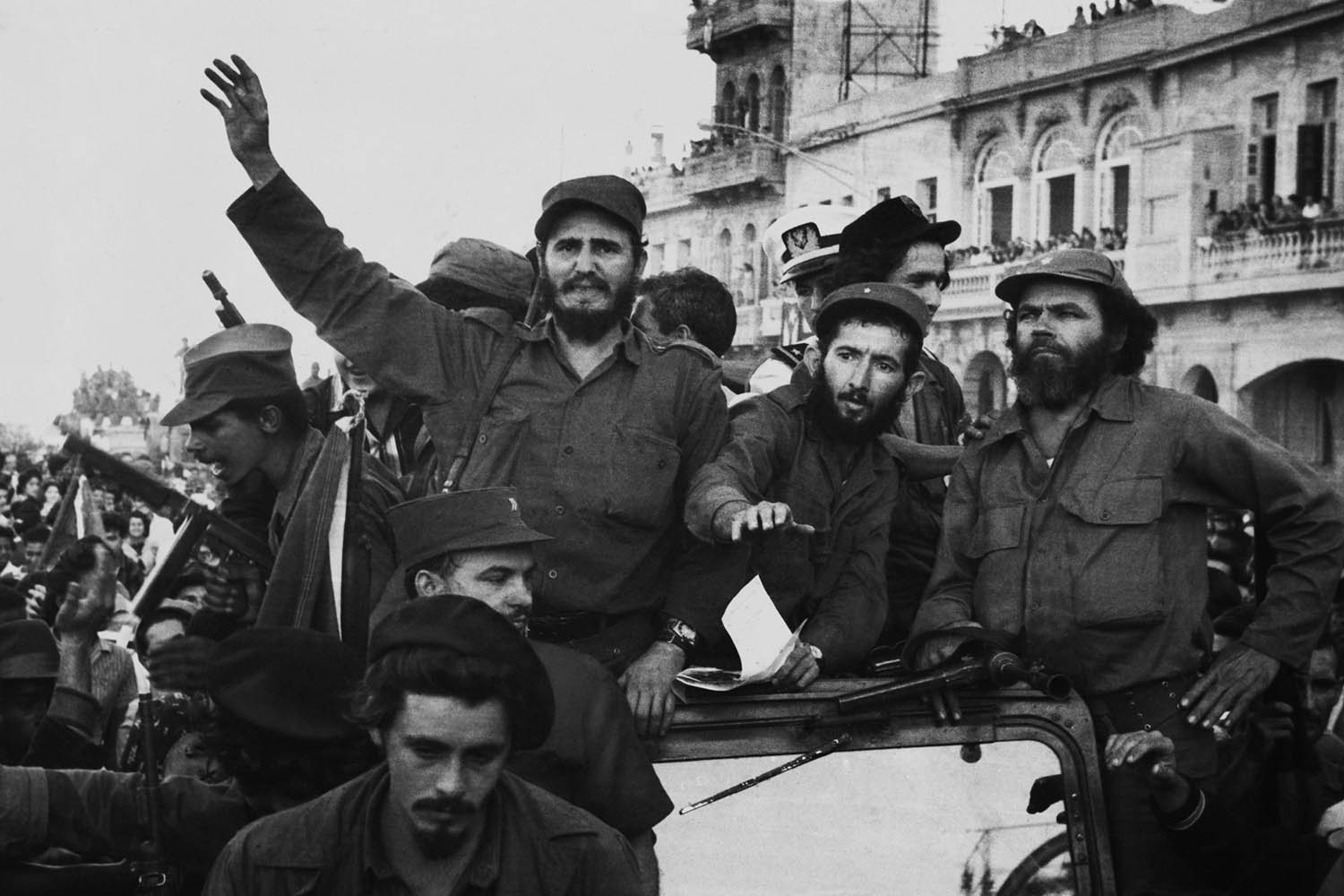 Fidel Castro and his fellow revolutionaries enter Havana on 8 January 1959. 