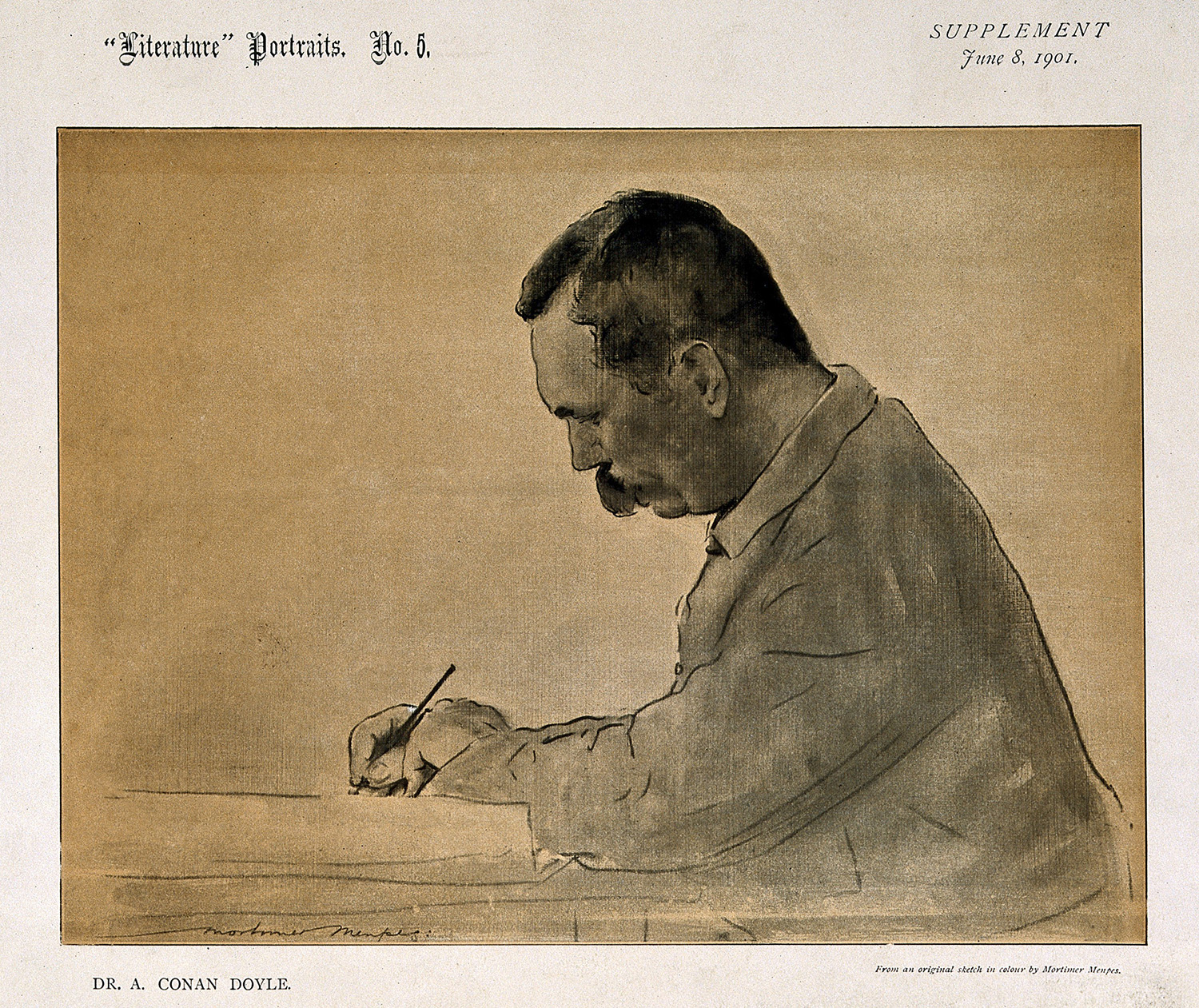 Sir Arthur Conan Doyle, reproduction of a pastel drawing by M. Menpes, 1901.