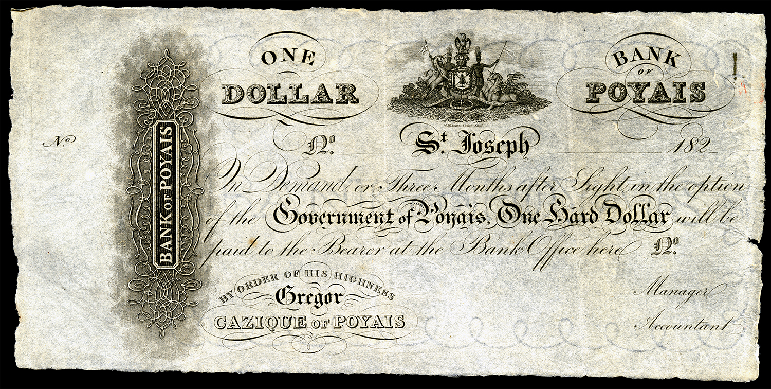 A Bank of Poyais dollar, printed in Scotland.