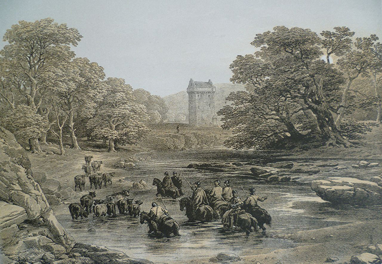 Border reivers at Gilnockie Tower, from a drawing by G. Cattermole, 19th century.