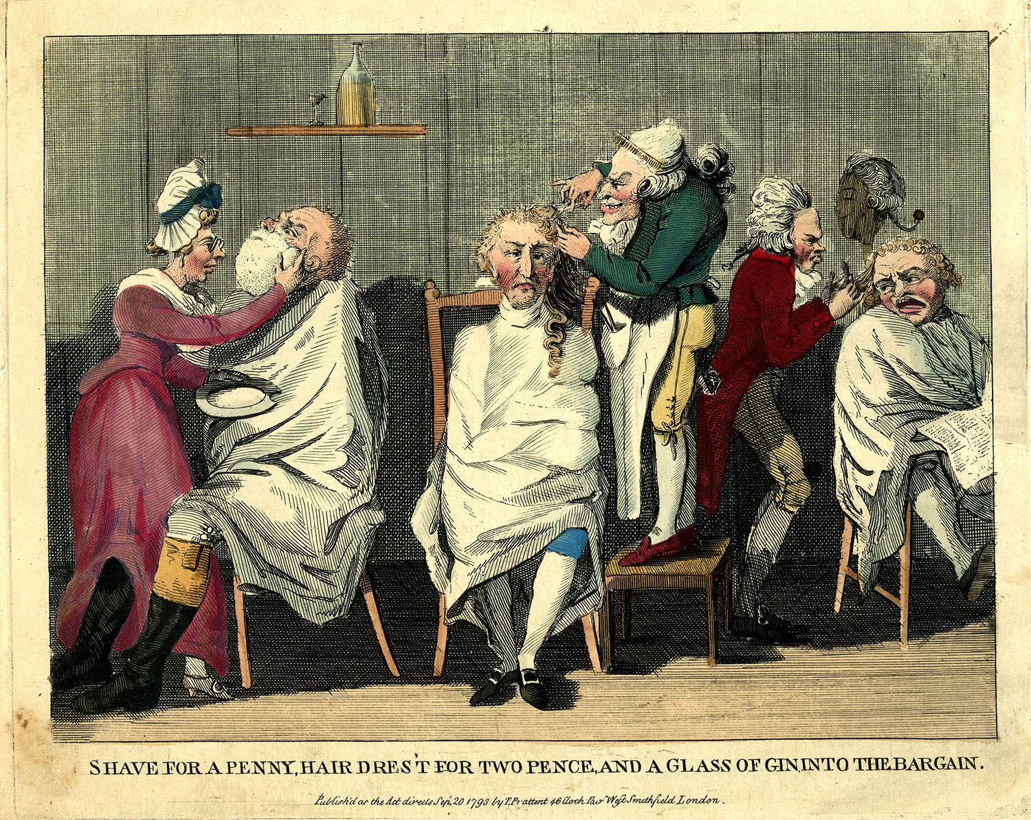 Shave for a Penny, Hair Dres’t for Two Pence, And a Glass of Gin into the Bargain, 1793. Courtesy of the British Museum.