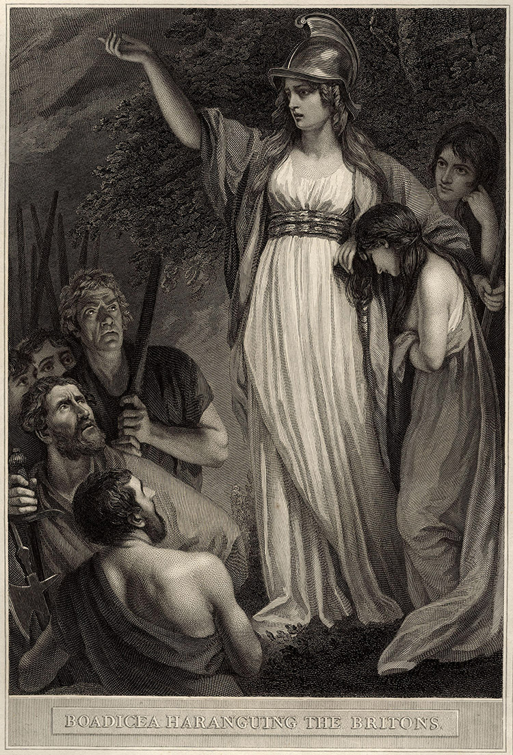 Boadicea Haranguing the Britons by John Opie, engraving by William Sharp, 1793.