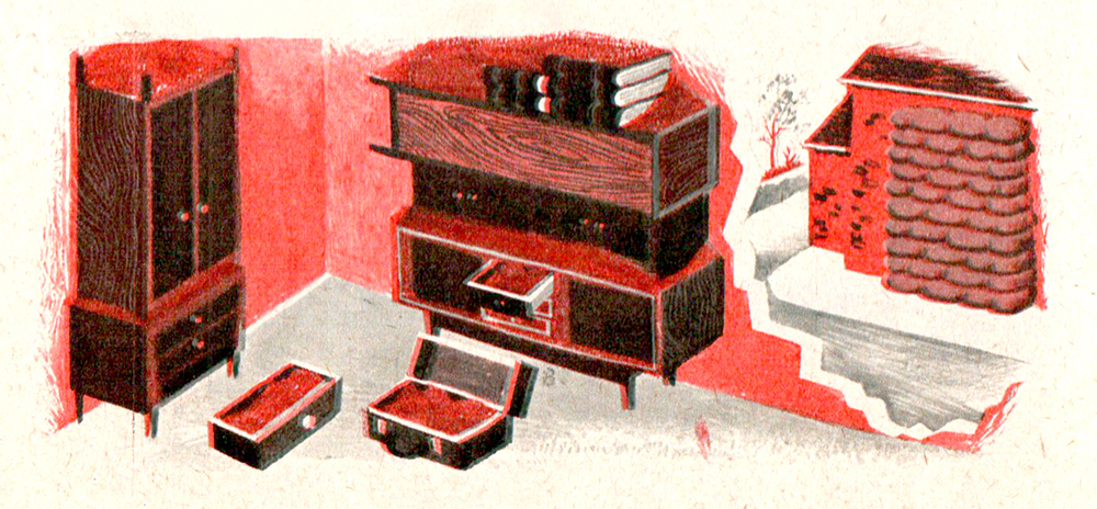 A typical fallout room, as depicted in the Advising the Householder booklet.