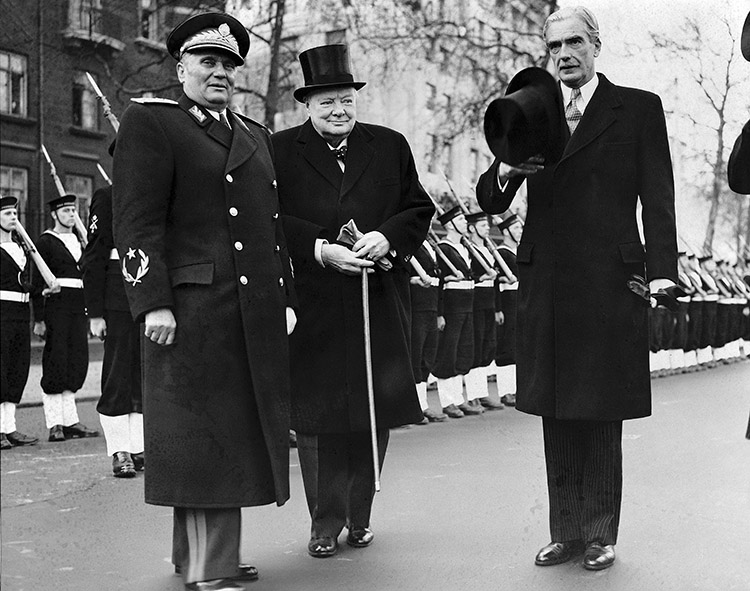 Tito is welcomed on a state visit to London by Prime Minister Winston Churchill and Foreign Secretary Anthony  Eden, March 1953.  © Bettmann/Getty Images