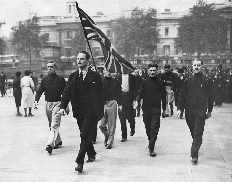 Oswald Mosley leading British Union of Fascists members before a rally in Trafalgar Square, London, 1934