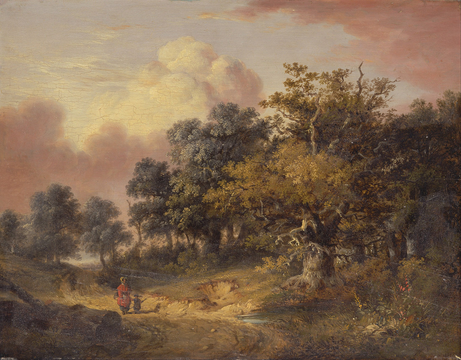 Wooded Landscape with Woman and Child Walking Down a Road, Robert Ladbrooke, c.1820.