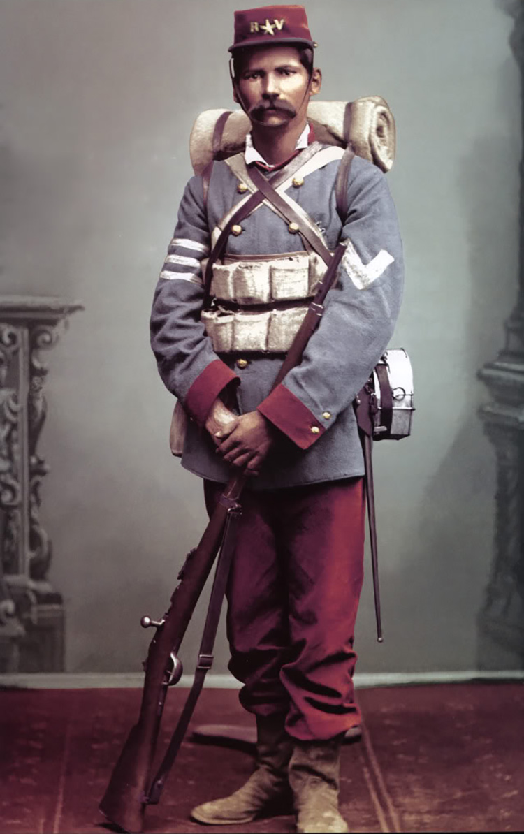 Chilean soldier in typical uniform, 19th century. 
