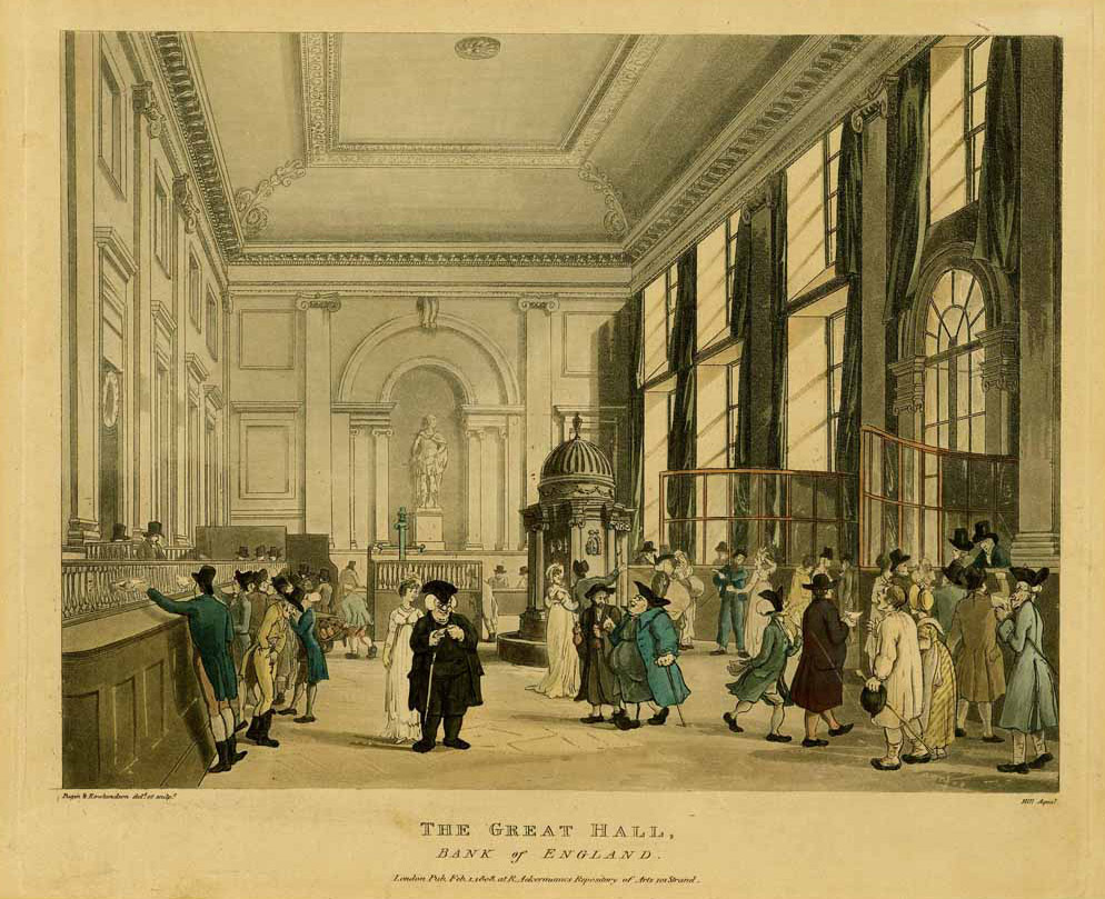 Print of the Pay Hall/Issue Office with the William III statue visible in the background. Pugin and Rowlandson, 1808.