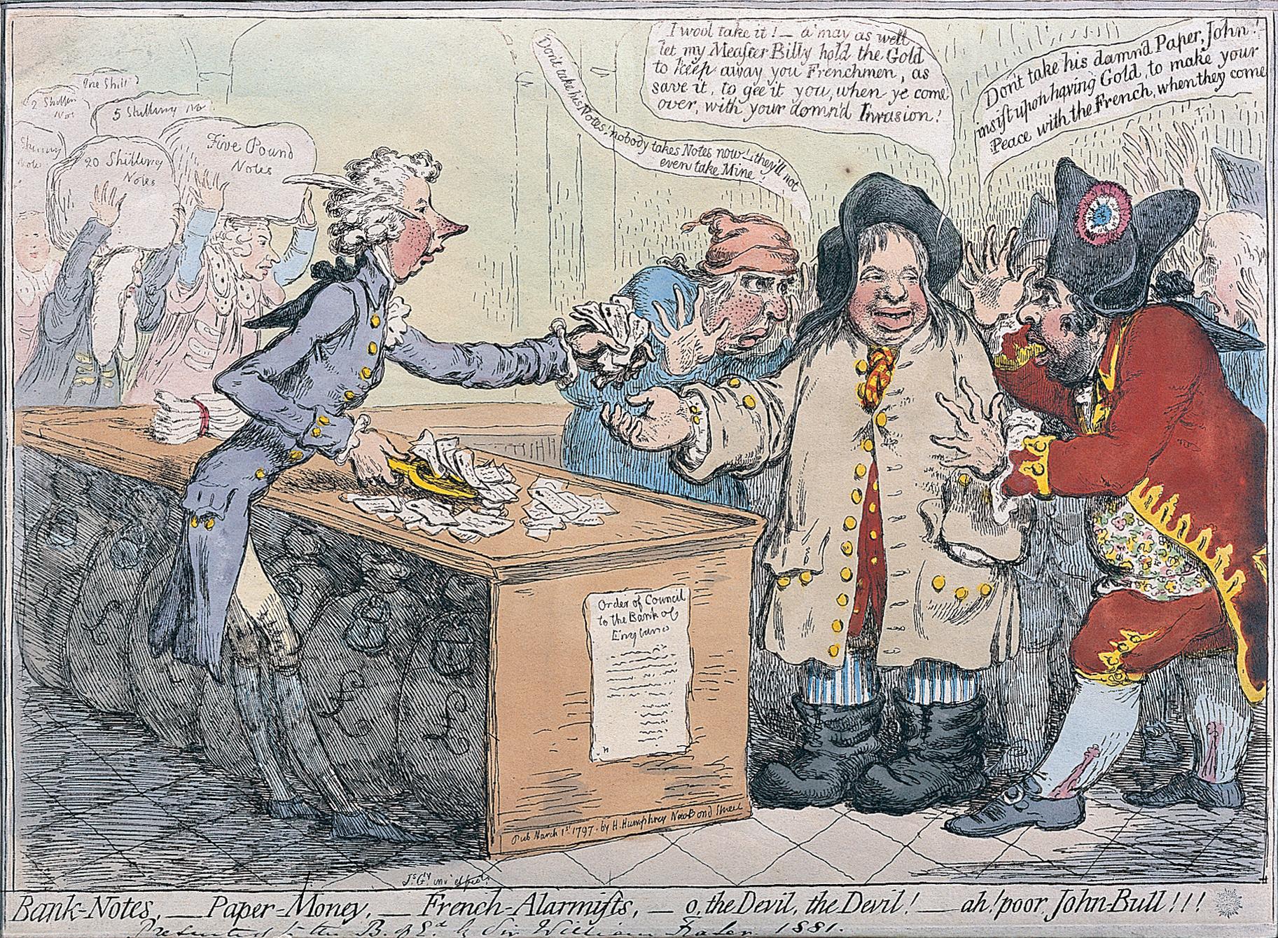 Banknotes, paper money and French alarmists, James Gillray, 1 March 1797.