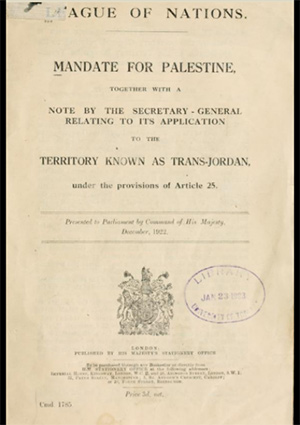 British Command Paper 1785, December 1922, containing the Mandate for Palestine and the Transjordan memorandum