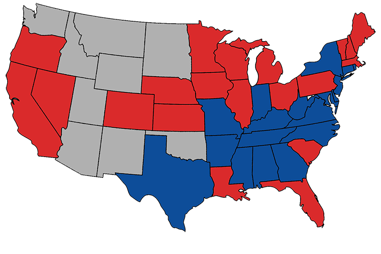 Electoral map of 1876: Republican wins in red, Democrat in blue, non-states in grey.