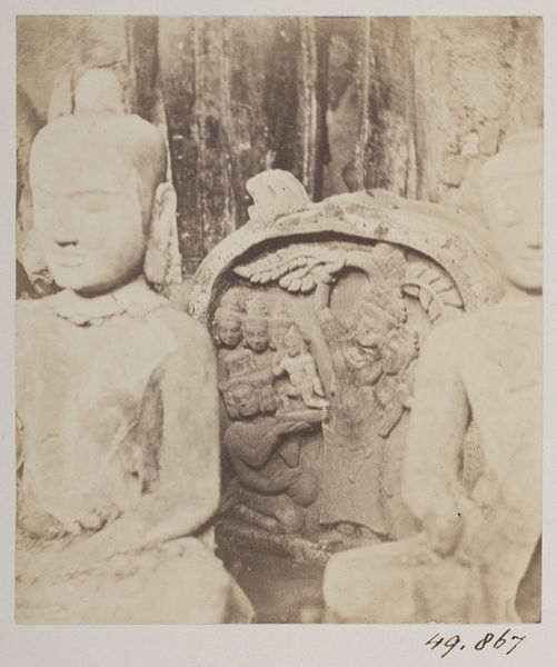 Stone statues from Angkor, 19th-century photograph.
