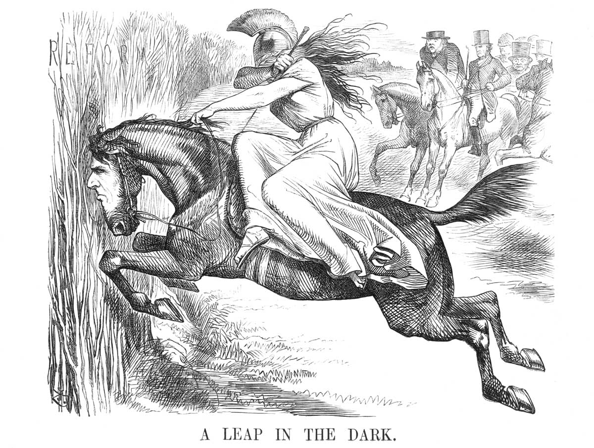 The 1867 Reform Bill: ‘A Leap in the Dark’, August 1867 issue of Punch. Wiki Commons.