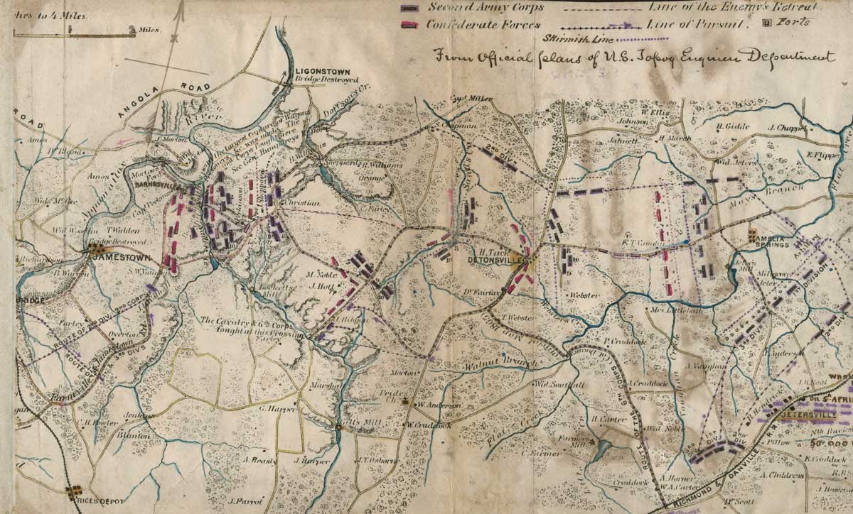 Map showing 'the pursuit of the rebel army, 6-8 April 1865, and Battle of Sailor's Creek'. Library of Congress.