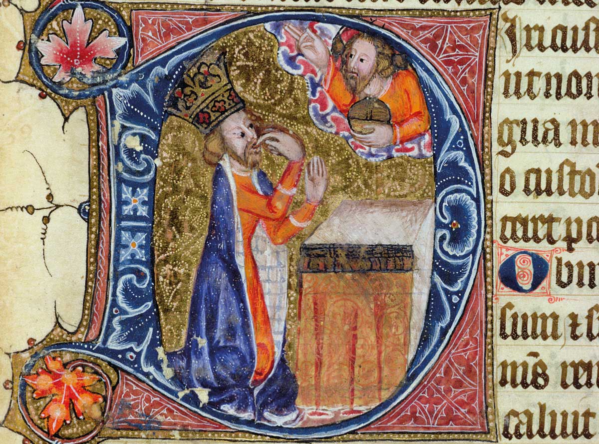 King David in an illustration for Psalm 38, from the Ramsey Abbey Psalter, c.1380 © Bridgeman Images.