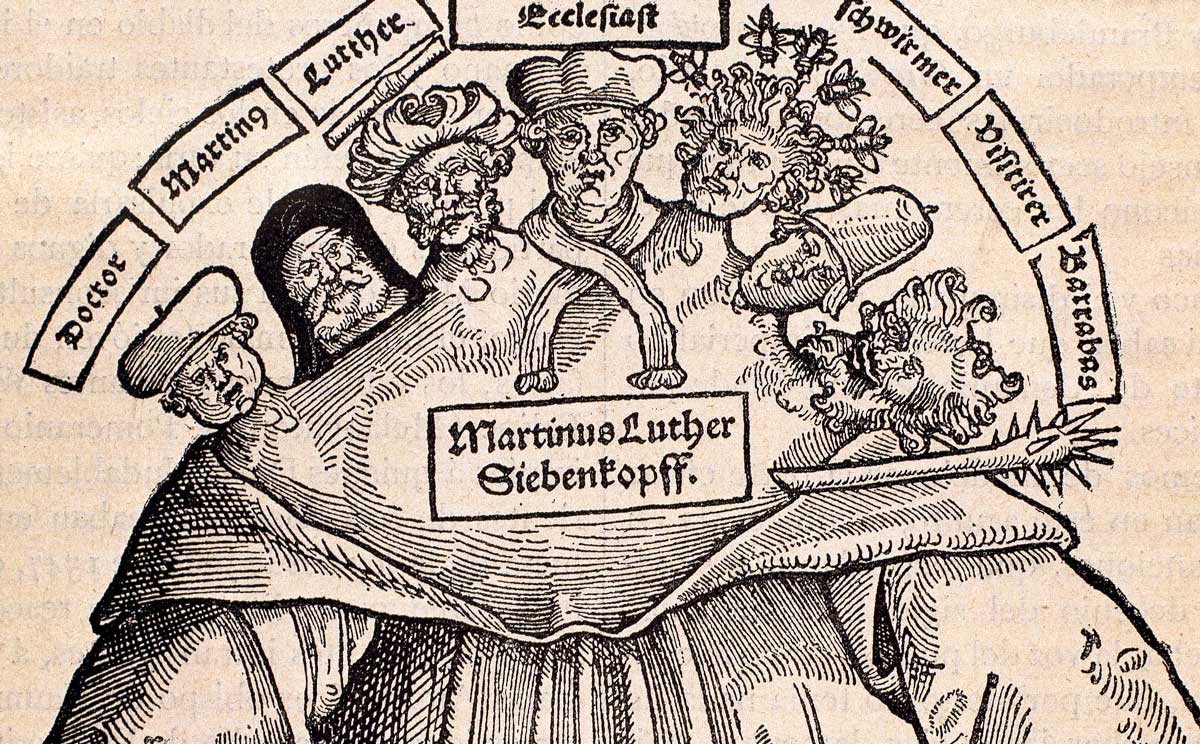 Detail from the title page of The Seven Heads of Martin Luther, by Johannes Cochlaeus. Engraving by Hans Brosamer, 1529 © Getty Images.