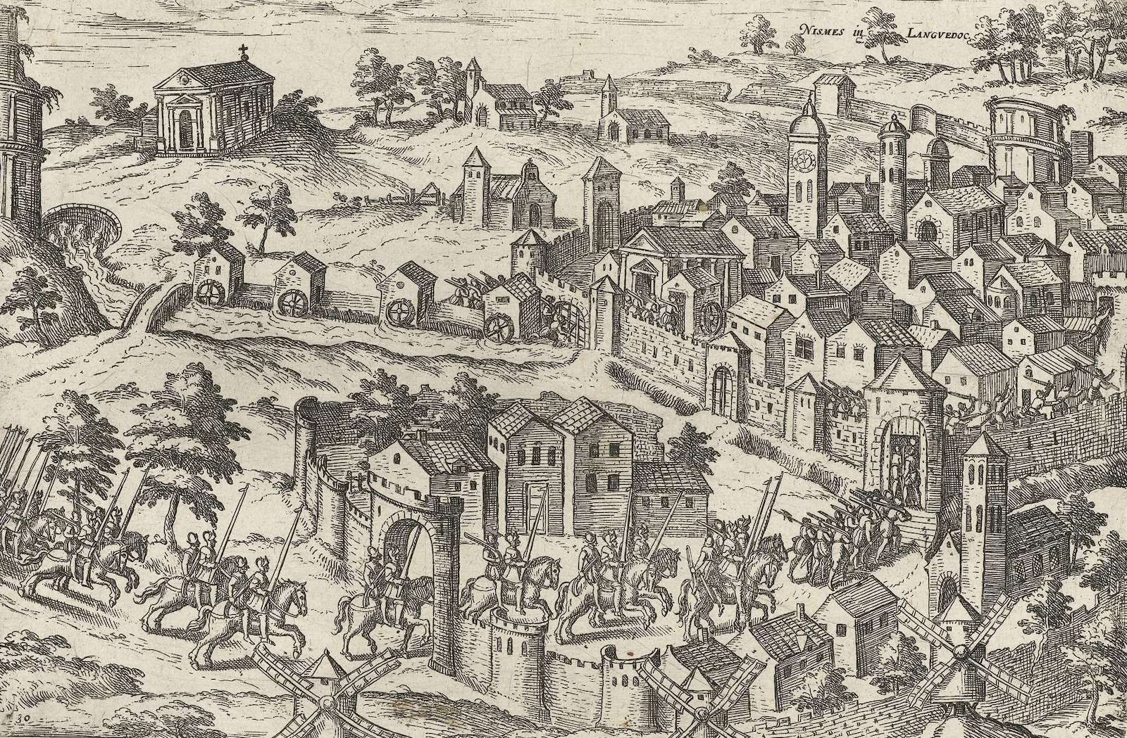 Protestant forces sieze Nîmes, 1569, by Frans Hogenberg. Rijksmuseum. Public Domain.