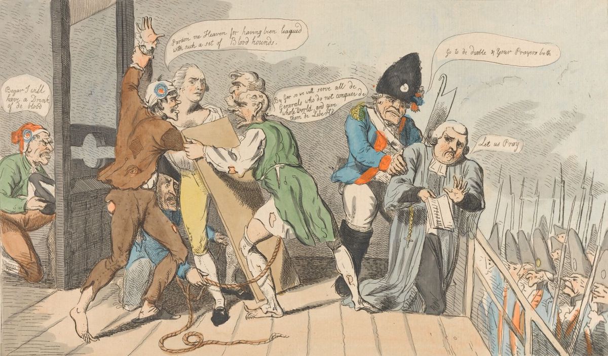 ‘The Murder of Custine, French Gratitude or Republican Rewards for Past Services’ with a priest in prayer, by Isaac Cruikshank, 1793. Yale Center for British Art, Paul Mellon Collection. Public Domain.