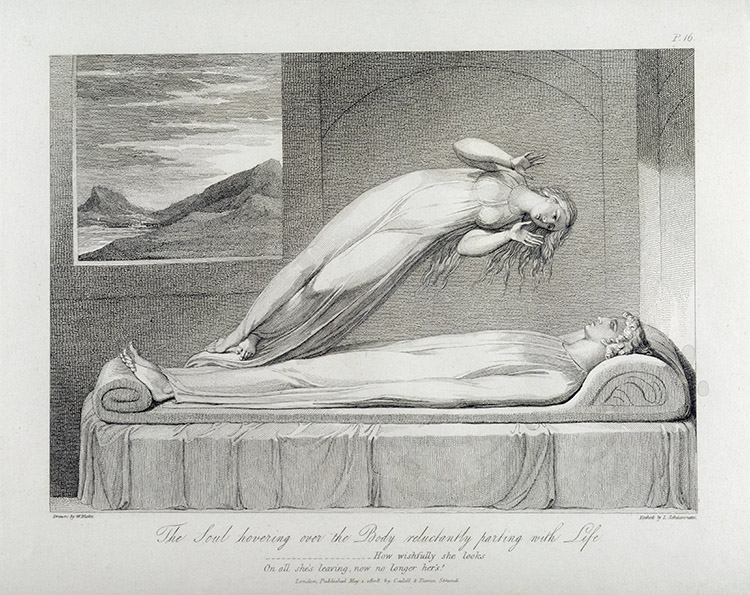 A soul parting reluctantly with life: engraving for William Blake’s ‘The Grave, a Poem’, by Luigi Schiavonetti, 1808. (Bridgeman Images)