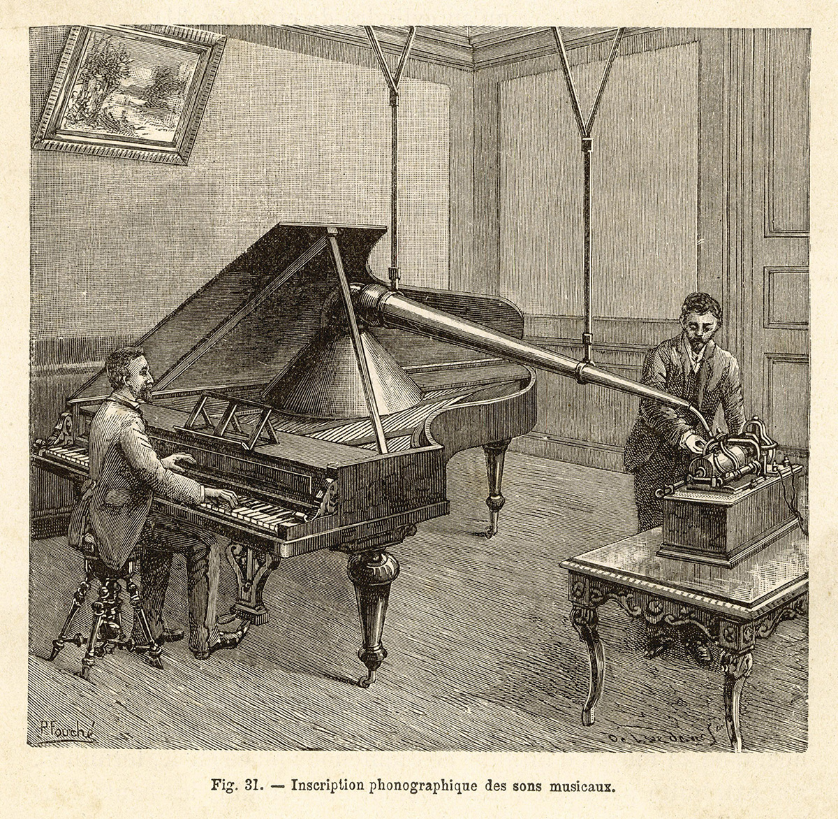 Recording a man playing the piano using the improved phonograph, 1891. 