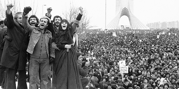 Supporters of Ayatollah Khomeini hold a demonstration in Iran during the Islamic Revolution of 1979.