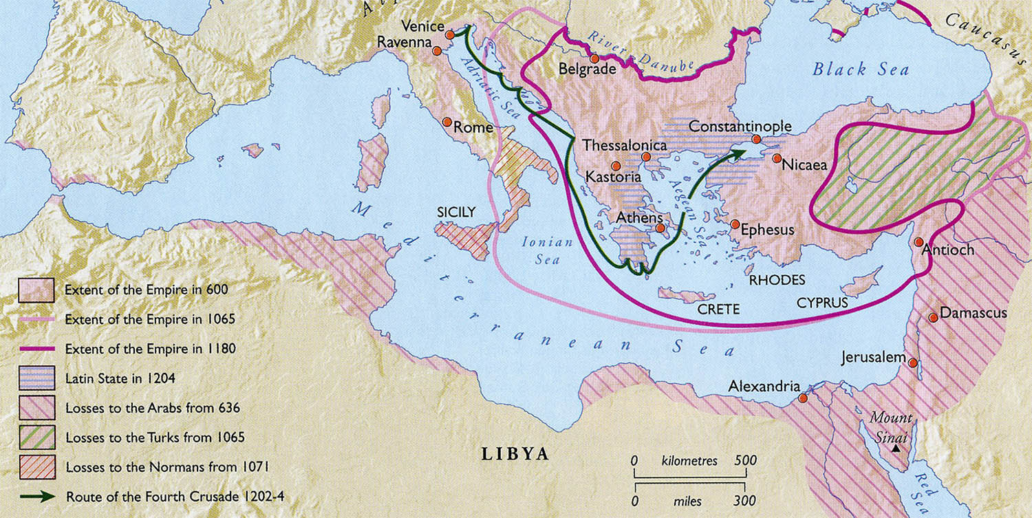 The shifting boundaries of the Byzantine Empire. 