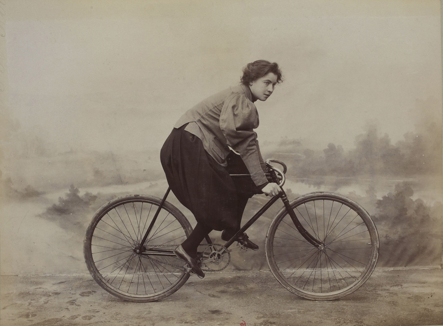 French racing cyclist Marie Tual wearing bloomers, 20th century. 