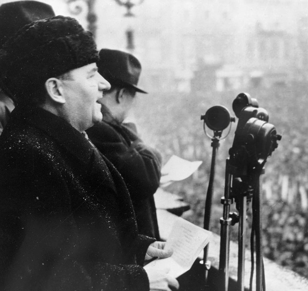 Klement Gottwald calls for workers to repel counter revolutionaries at a meeting in Prague, 21 February 1948.