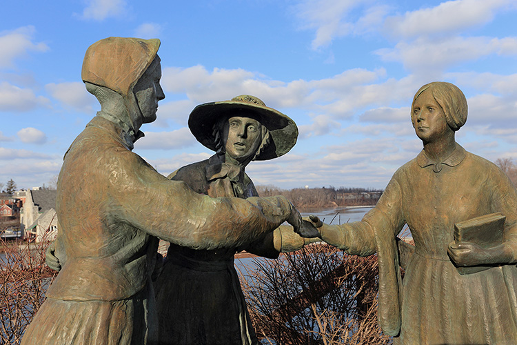 Sculpture depicting the May 1851 meeting of Elizabeth Cady Stanton and Susan B. Anthony, Seneca Falls, New York.