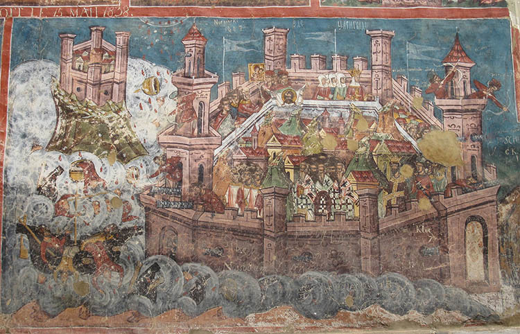 Depiction of the Siege of Constantinople in 626 on the walls of the Moldovița monastery, Romania.