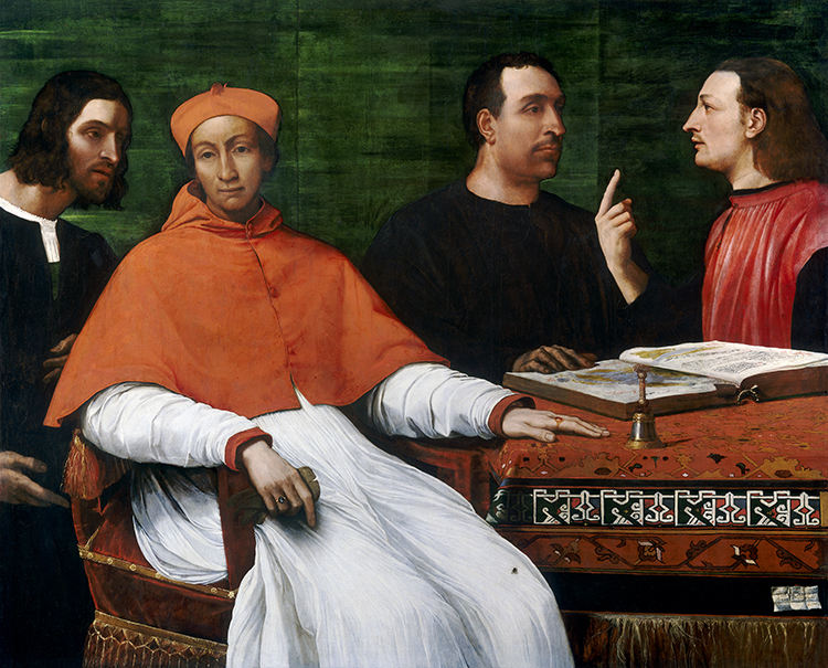 Cardinal Bandinello Sauli, His Secretary, and Two Geographers, Sebastiano del Piombo, 1516.