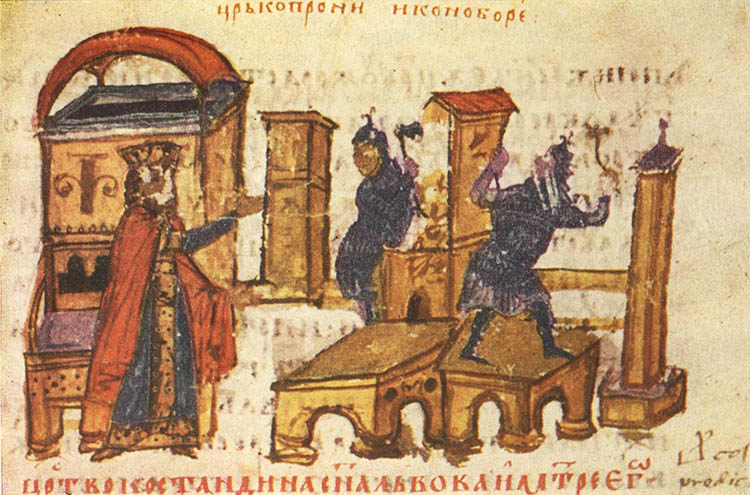 The destruction of a church under the orders of the iconoclastic emperor Constantine V.