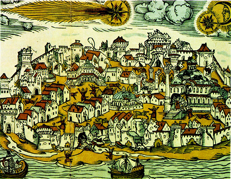 Coloured woodcut depicting the Istanbul earthquake, 10 May 1556.