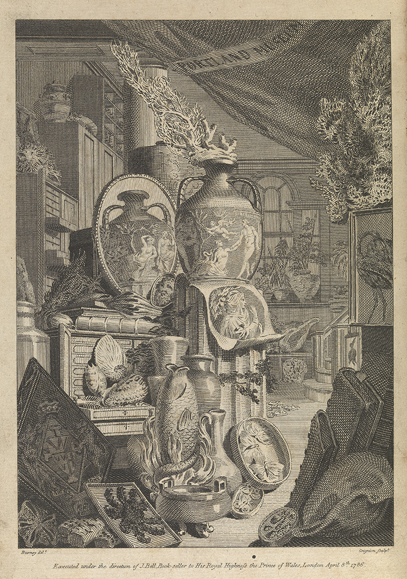 Frontispiece showing view of contents of the Portland Museum, including the Portland vase, 8 April 1786.