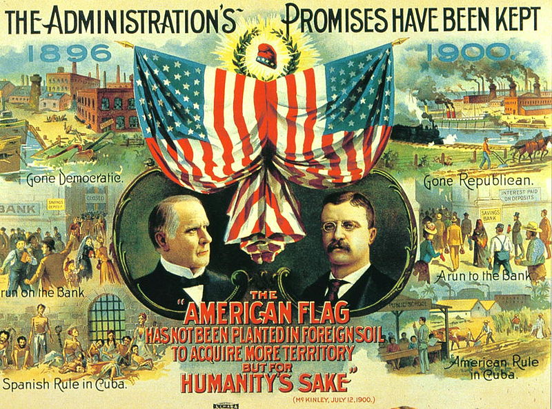 A 1900 Republican campaign poster for the US presidential election, with portraits of President William McKinley and Vice Presidential candidate Theodore Roosevelt. 