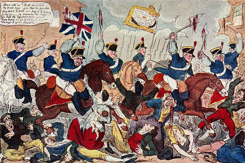 The Massacre of Peterloo representing the charge of the Manchester Yeomanry on the unarmed populace in St. Peter's Fields, Manchester.