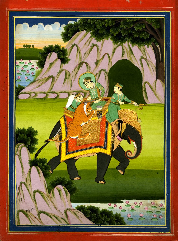 Nobleman and attendants mounted on an elephant attacked by tiger, Rajasthan, 1790-1810.  