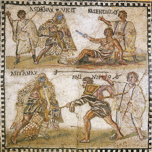 Mosaic at the National Archaeological Museum in Madrid showing a retiarius (net-fighter) named Kalendio fighting a secutor named Astyanax