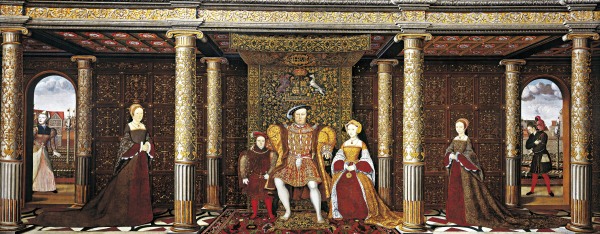 The Family of Henry VIII, by an unknown artist. Will Somer is portrayed in the archway on the right; 'Jane the Fool' is seen through the one on the left.