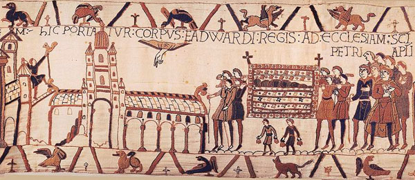 The body of Edward the Confessor is carried to Westminster Abbey, a detail from the Bayeux Tapestry, c. 1082