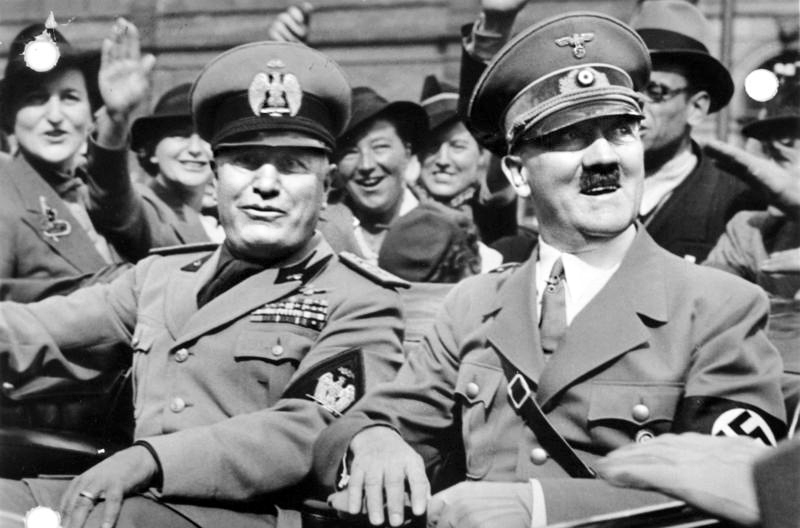 Germany's Führer Adolf Hitler (right) beside Italy's Duce Benito Mussolini (left).