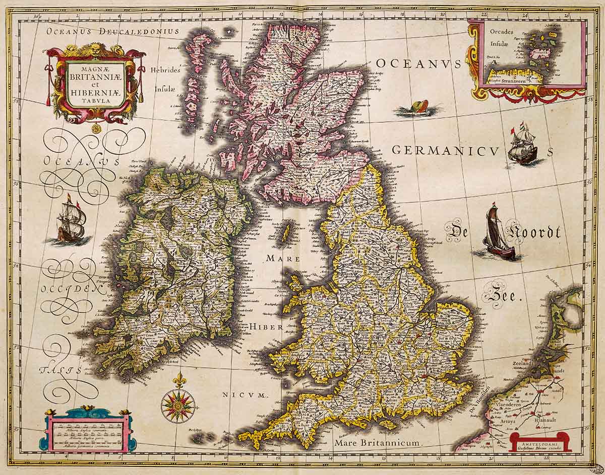 Great Britain and Ireland, from the Theatrum Orbis Terrarum, by Willem Blaeu, 1635 © Bridgeman Images. 