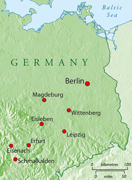A map showing Luther's travels throughout Germany. A map showing Luther's travels throughout Germany.