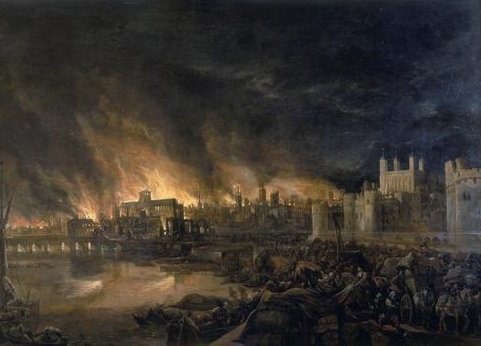 Detail of the Great Fire of London by an unknown painter, depicting the fire as it would have appeared on the evening of Tuesday, 4 September 1666. 
