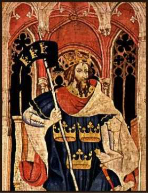 King Arthur as one of the Nine Worthies, detail from the "Christian Heroes Tapestry" dated c. 1385. "Arthur among the Nine Worthies is always identified by three crowns, which signify regality, on his standard, his shield, or his robe." -- Geoffrey Ashe, The Quest for Arthur's Britain [Praeger, 1969]