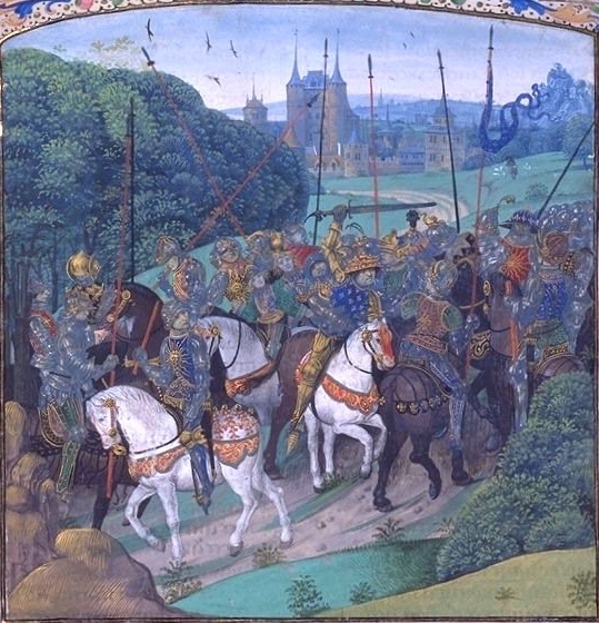 Manuscript showing the madness of Charles VI. On an expedition against Pierre de Craon, the King, brandishing his sword, mistakes the members of his retinue for enemies and attacks them.