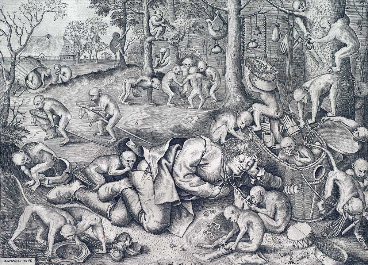 The Merchant Robbed by Monkeys, by Pieter van der Heyden, after Pieter Bruegel the Elder, 1562 © Bridgeman Images.
