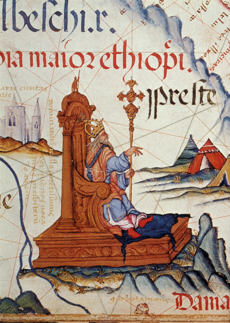 Prester John enthroned on a map of East Africa. Detail from 16th century atlas.