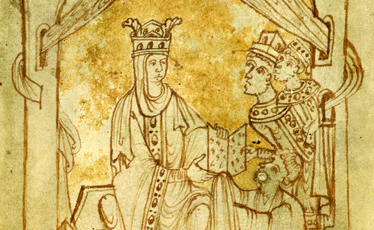 Emma receives the Encomium from its author, flanked by Harthacnut and Edward, 11th century (c) British Library Board/Bridgeman Images